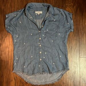 Denim Short Sleeve Shirt With Stars And Fringe At Bottom